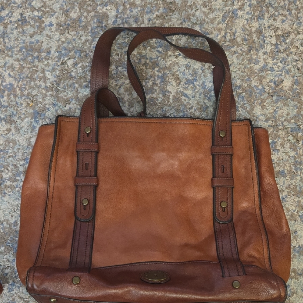 Fossil Tan and Brown Leather Tote